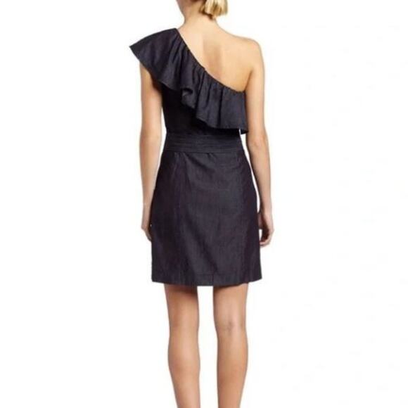 Trina Turk One Shoulder Ruffle Collar Brushed Denim Mini Shirt Dress Lyocell Y2K - Picture 2 of 5